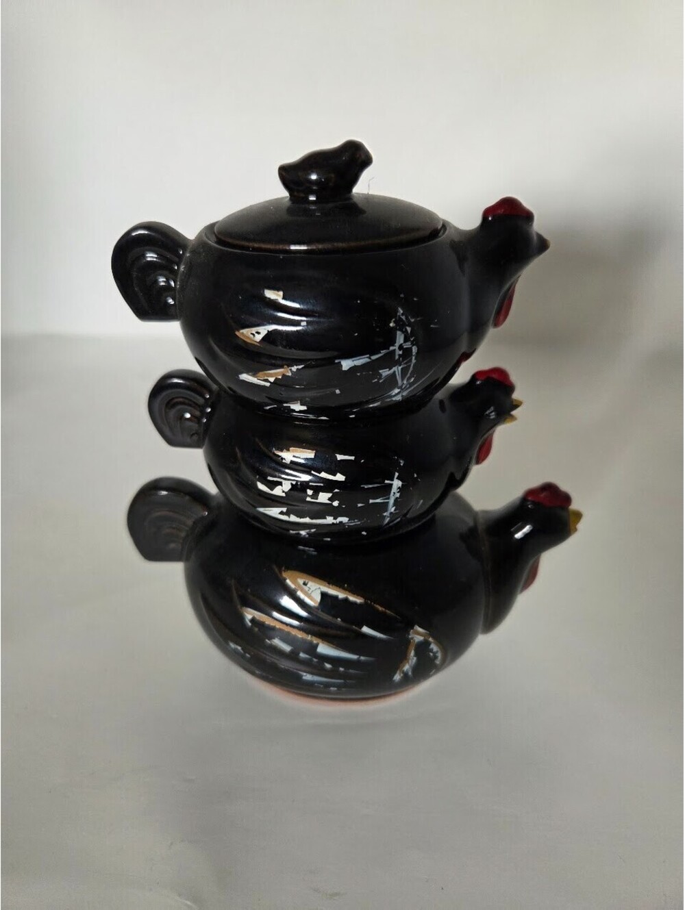 Vintage Black Hen Stacking Chicken Sugar Creamer Salt Ceramic Trio Set USA